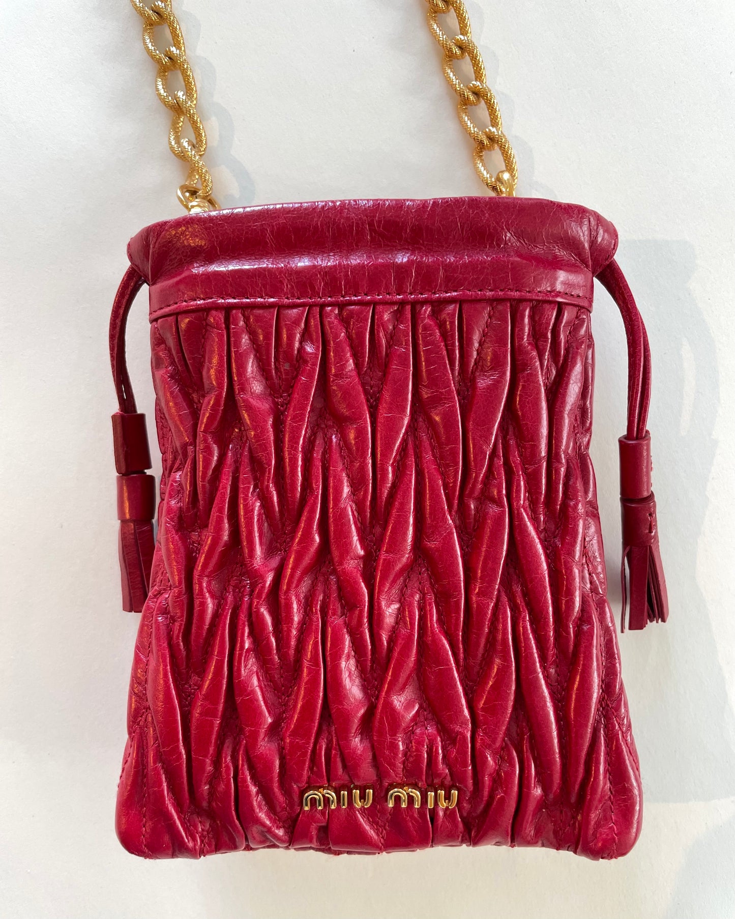 Miu Miu Cherry Red Matelassé Leather Chain-link Crossbody Bag