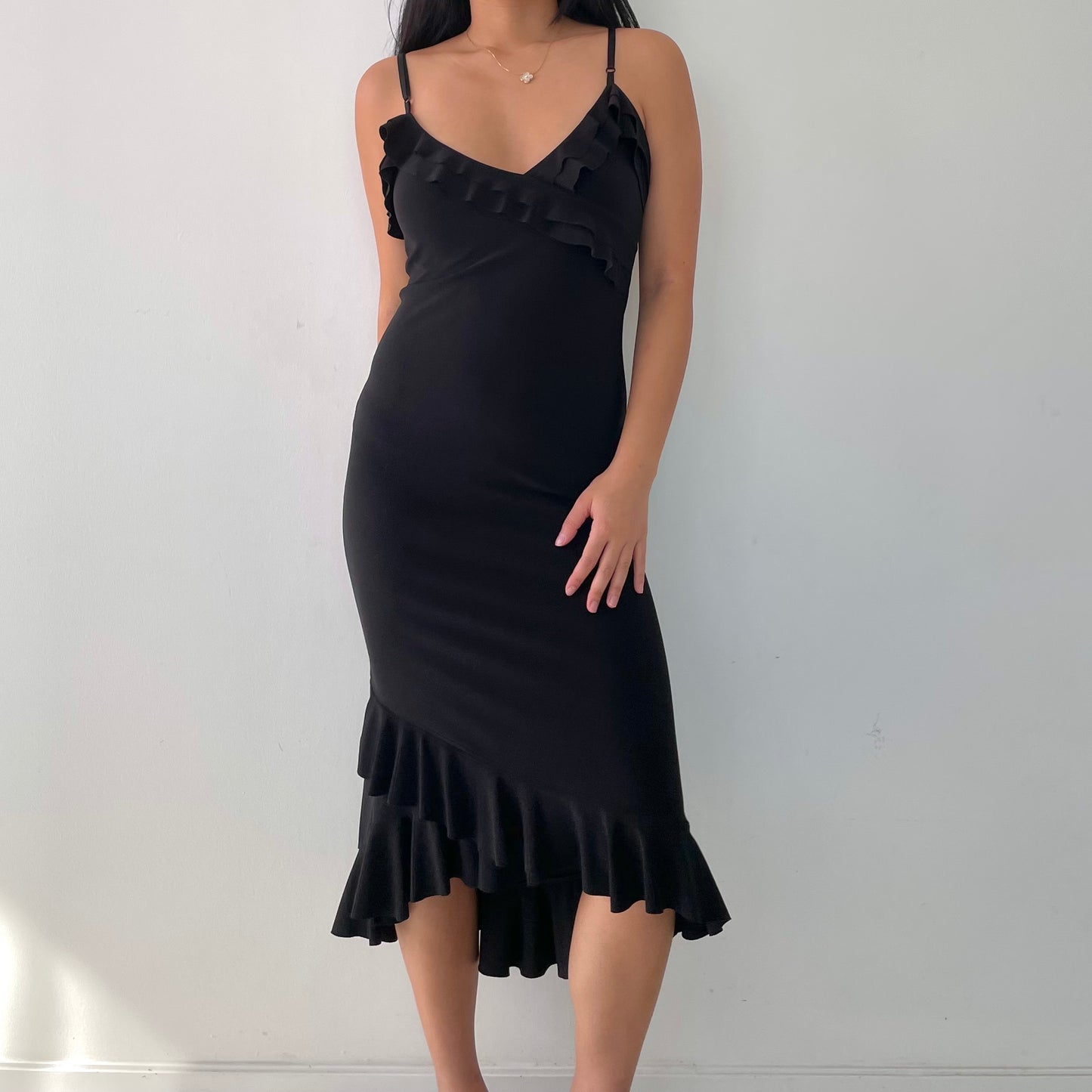 Made in France Black Ruffle Hem Midi Dress - Small