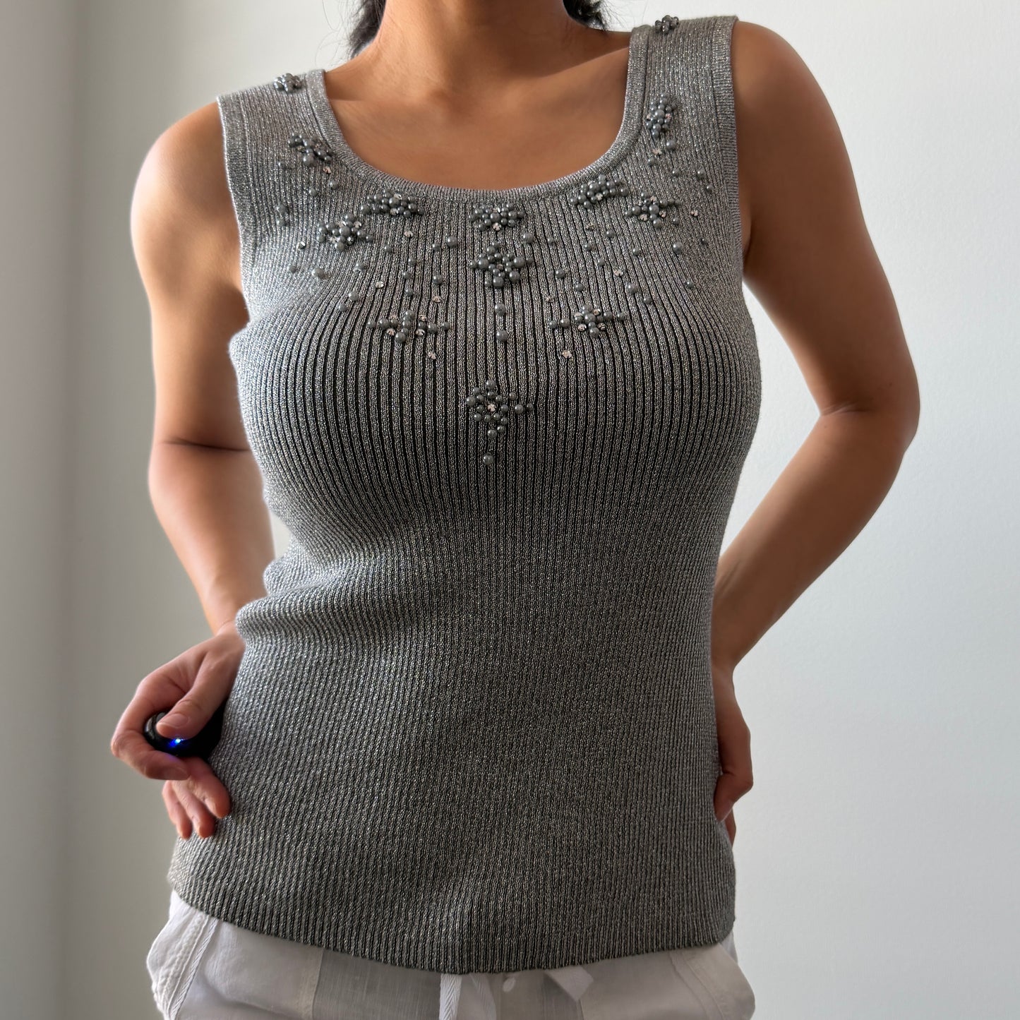 Once Again Silver Metallic Ribbed Knit Tank - Medium