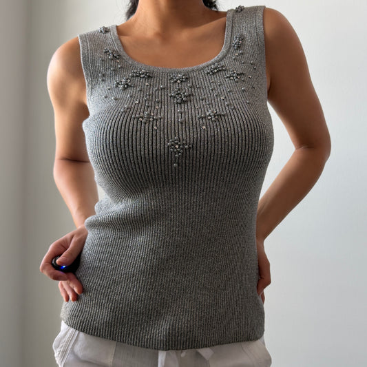 Once Again Silver Metallic Ribbed Knit Tank - Medium