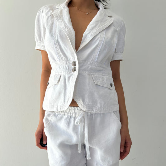 Point Zero by Nicole Benisti White Tailored Short-Sleeve Blazer - Medium