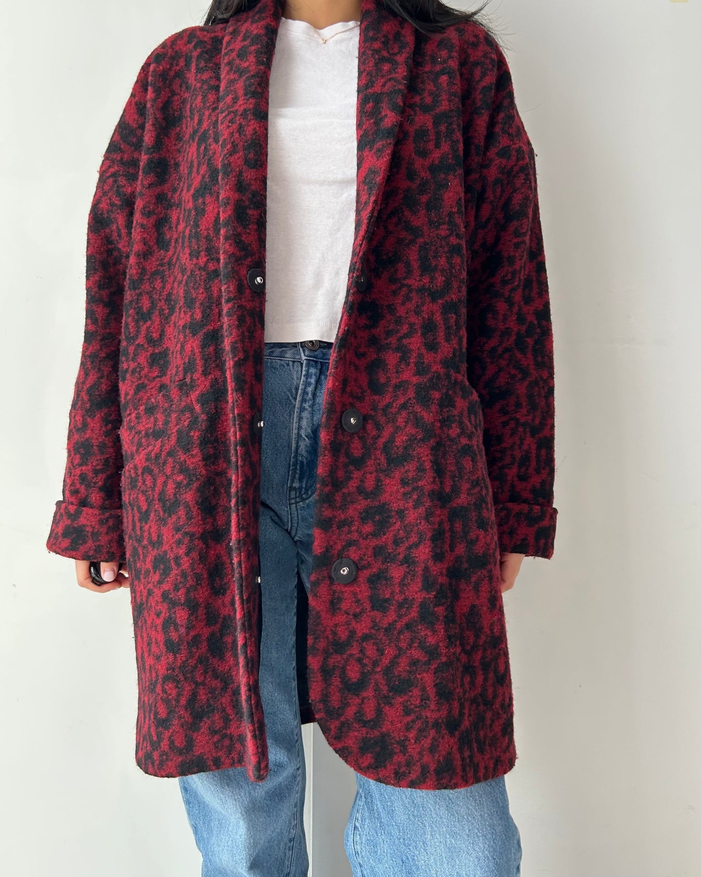 Ganni Red Leopard Print Wool Blend Coat - X-Small