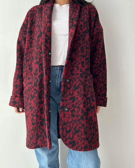 Ganni Red Leopard Print Wool Blend Coat - X-Small