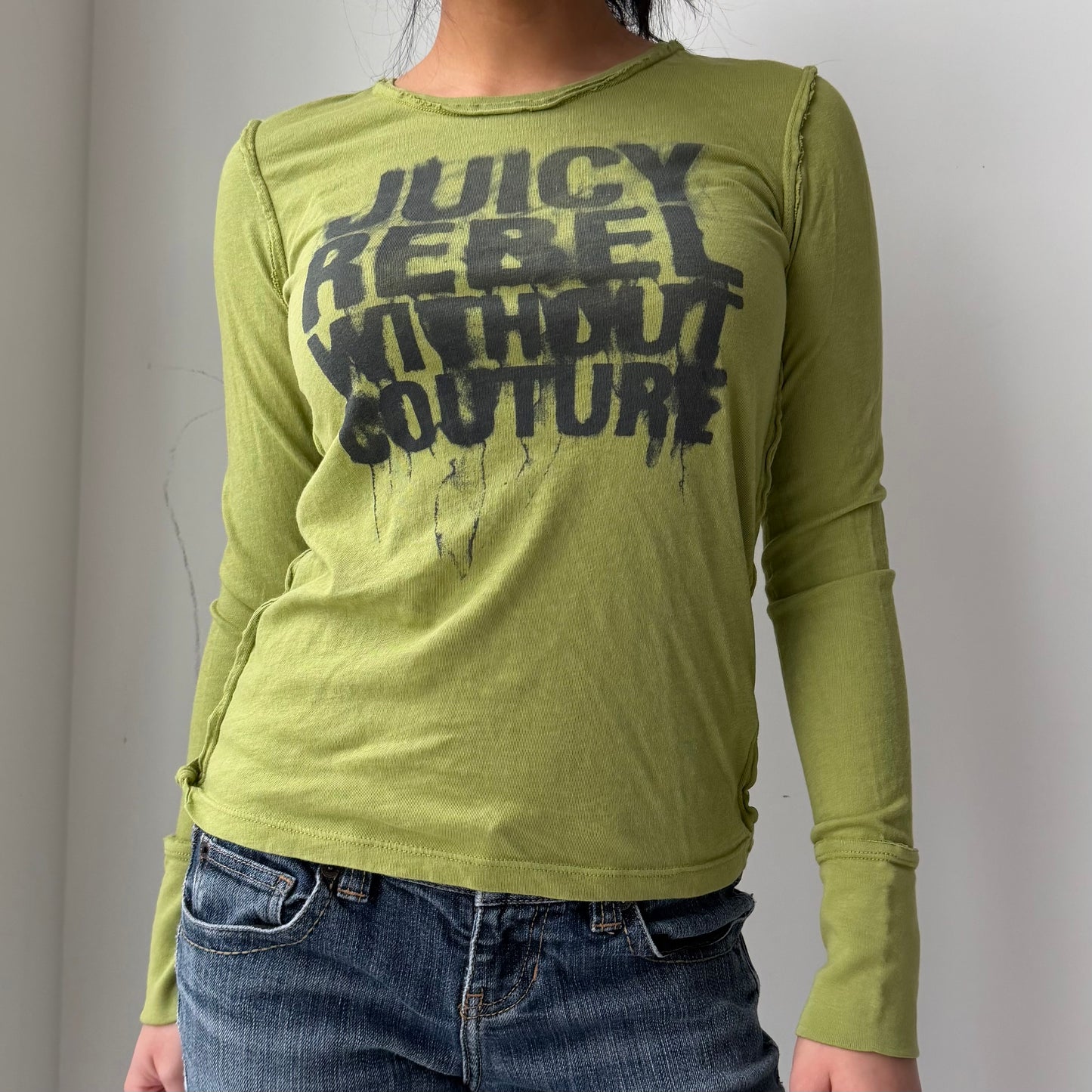 2000s Juicy Couture Made in USA Green Long Sleeve Graffiti Tee - Small