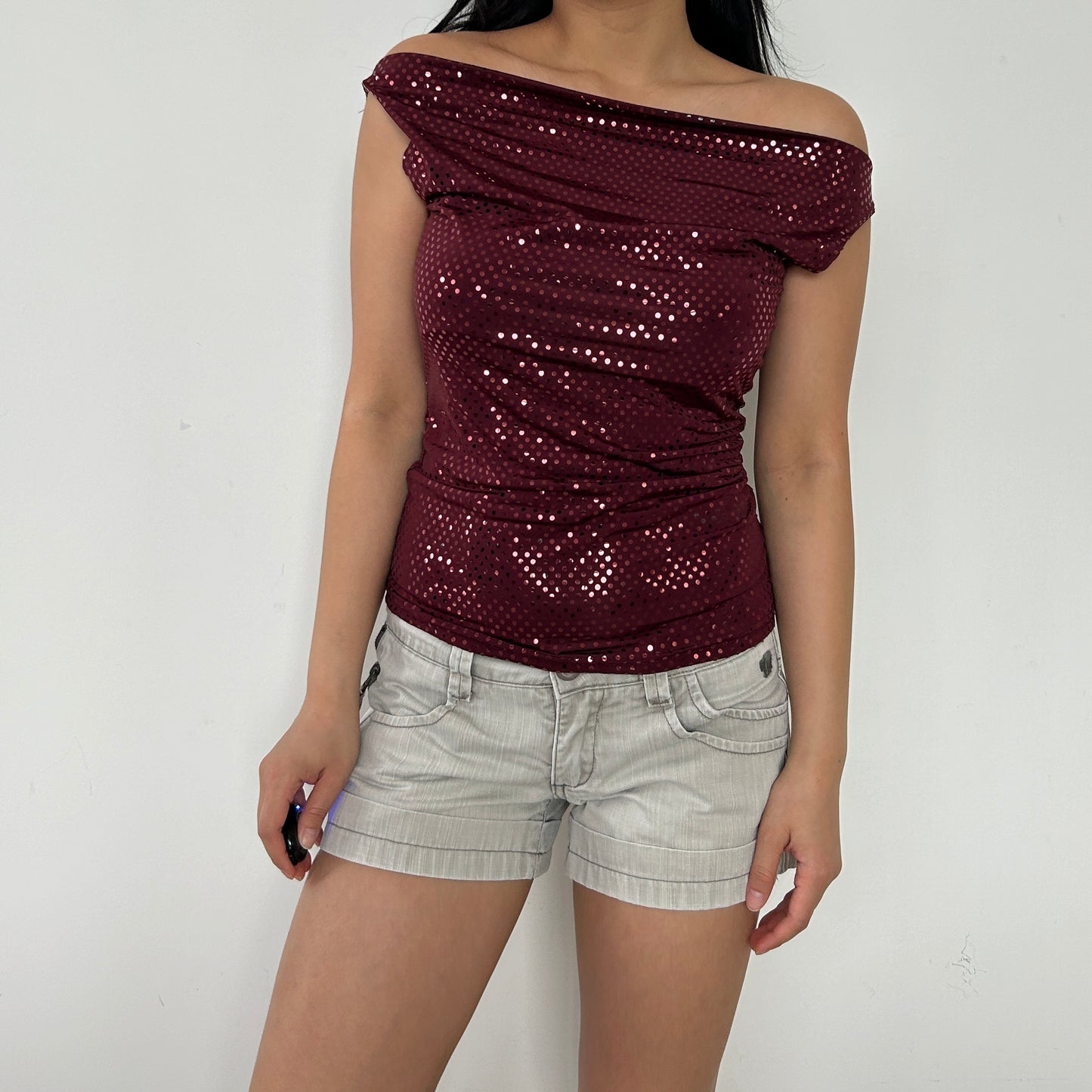 Vintage 90s Made in Canada Dynamite Burgundy Sparkly Cowl Neck Top - Small