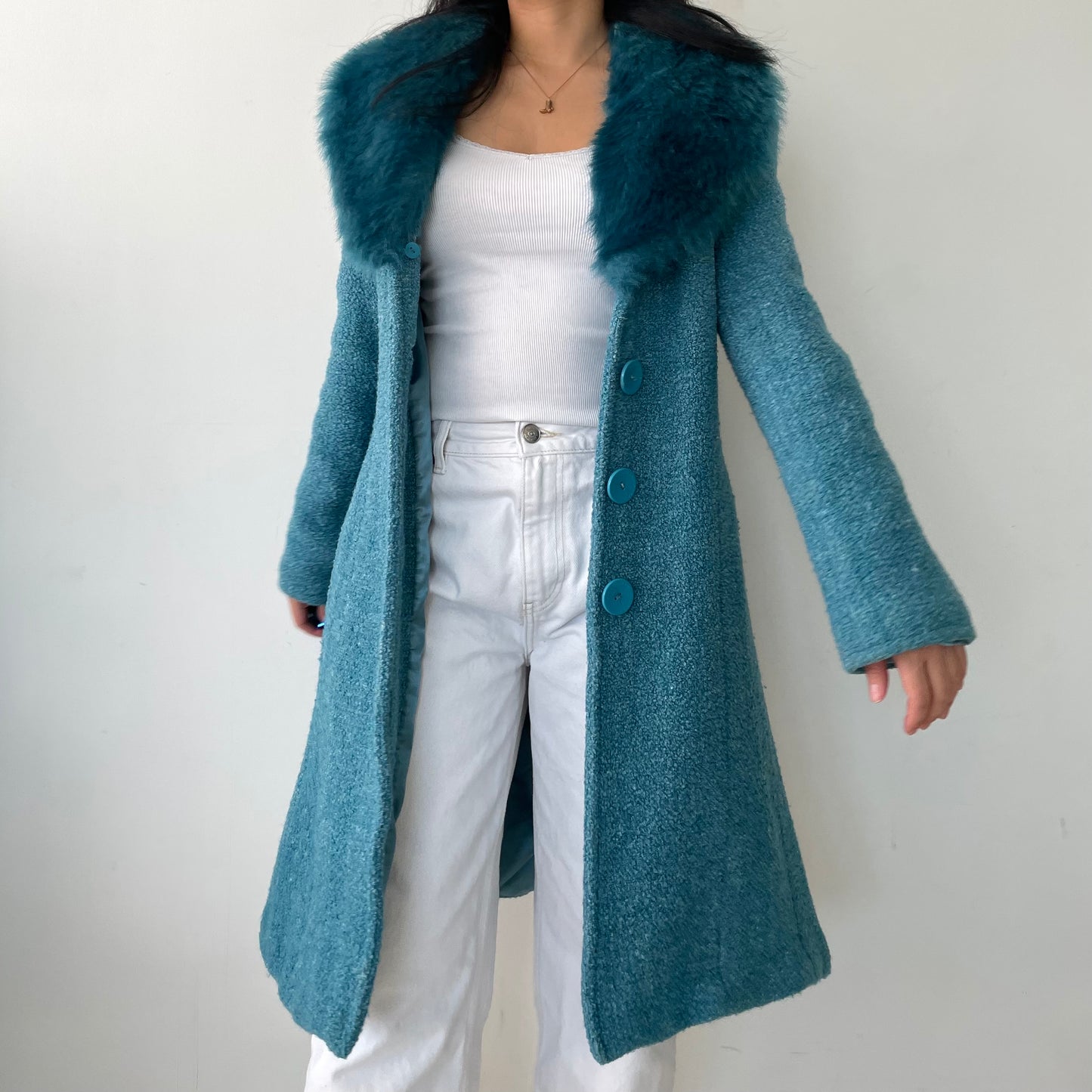 Fairweather Teal Fur Trim Wool Blend Coat - X-Small