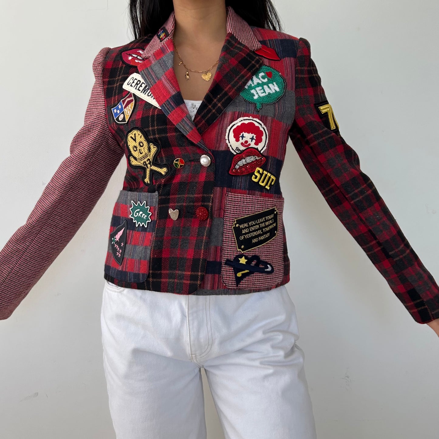 2nd K Red Plaid Patchwork Blazer with Embroidered Patches - Small