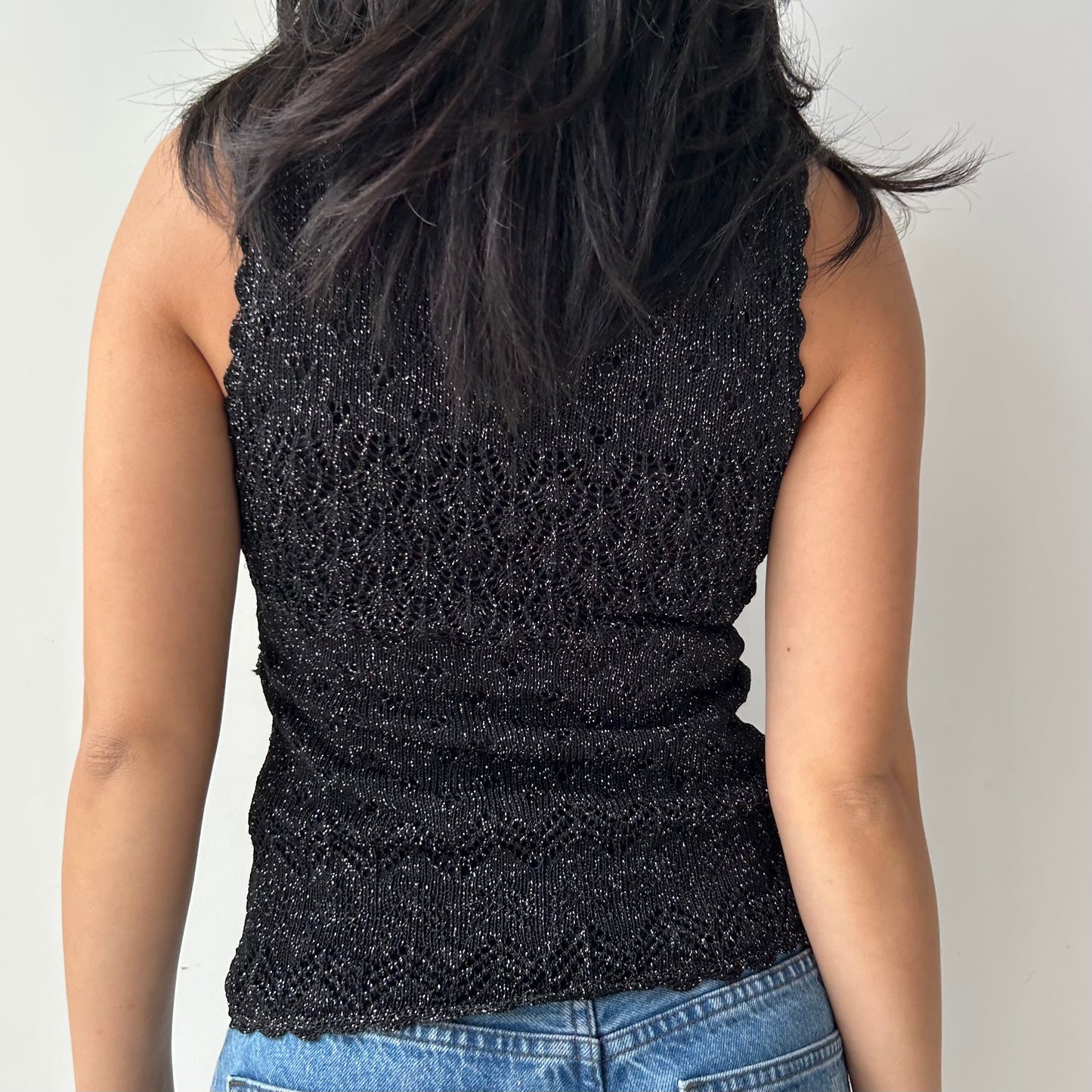 Black Metallic Crochet Tank Top - Medium