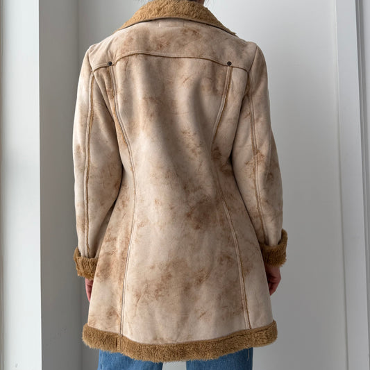 Replay Beige Faux Shearling Double Zip Coat - Small