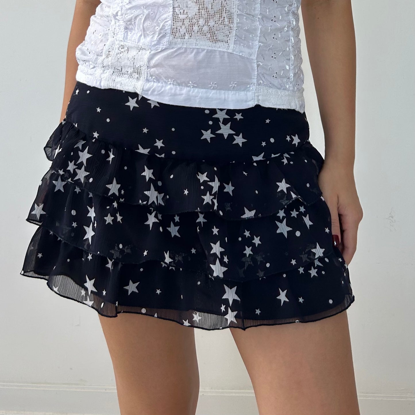 Navy and White Star Print Ruffle Layer Mini Skirt - Medium