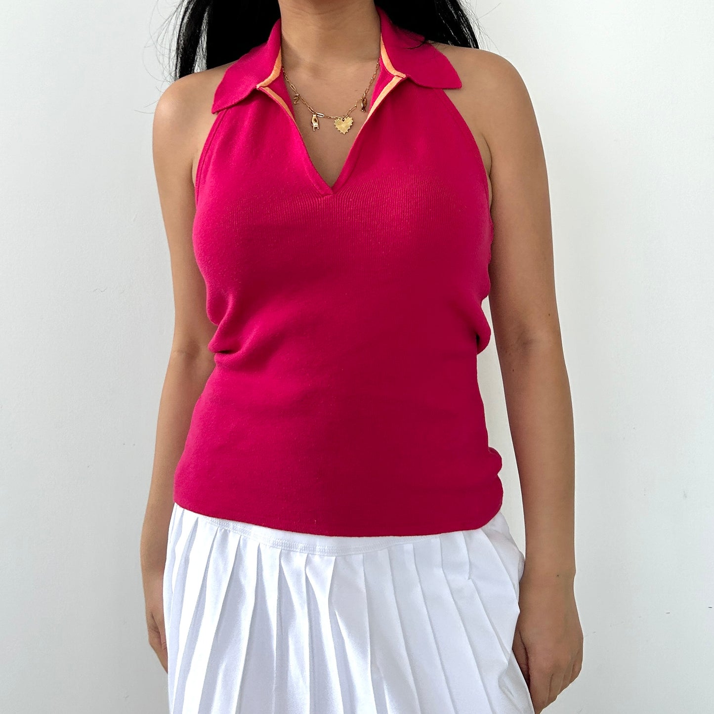 Pink Collared Backless Halter Vest - Small