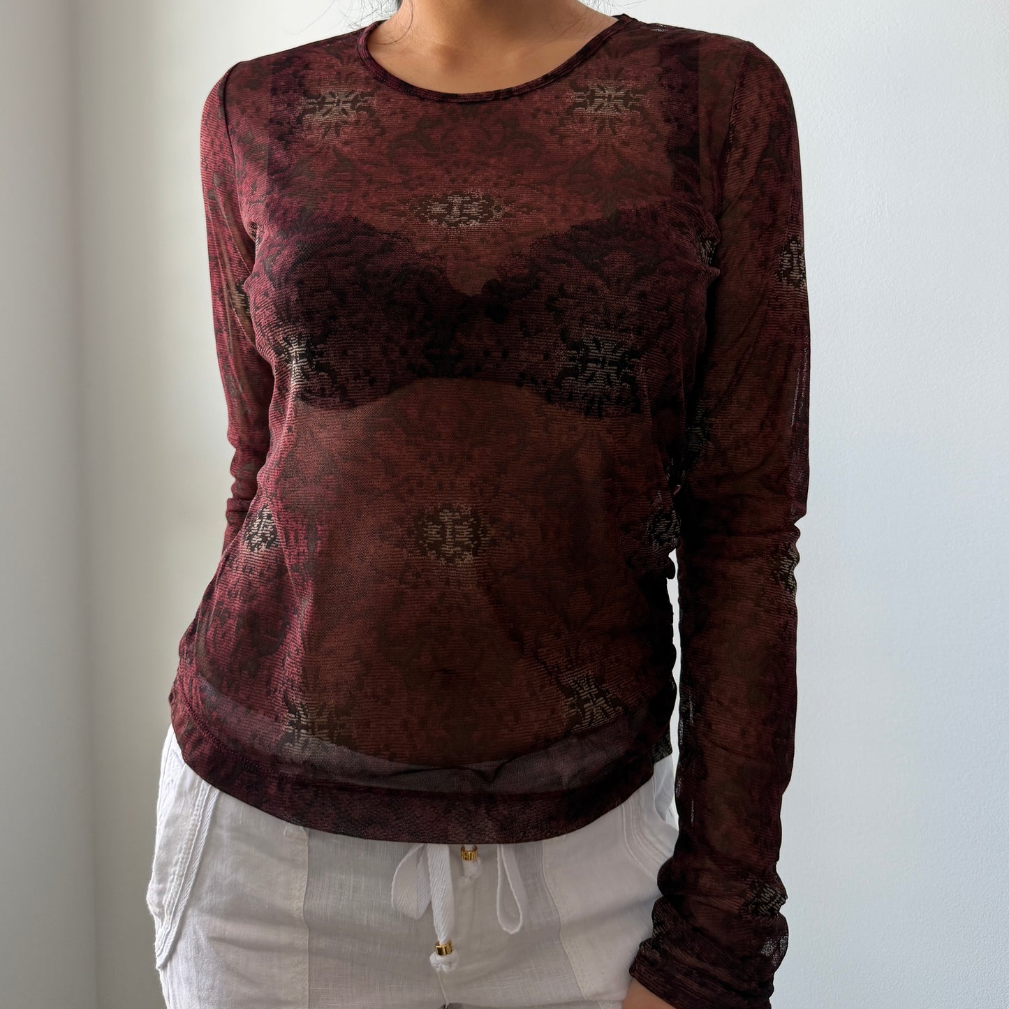 Mexx Burgundy Long Sleeve Snakeskin Print Mesh Top - Medium