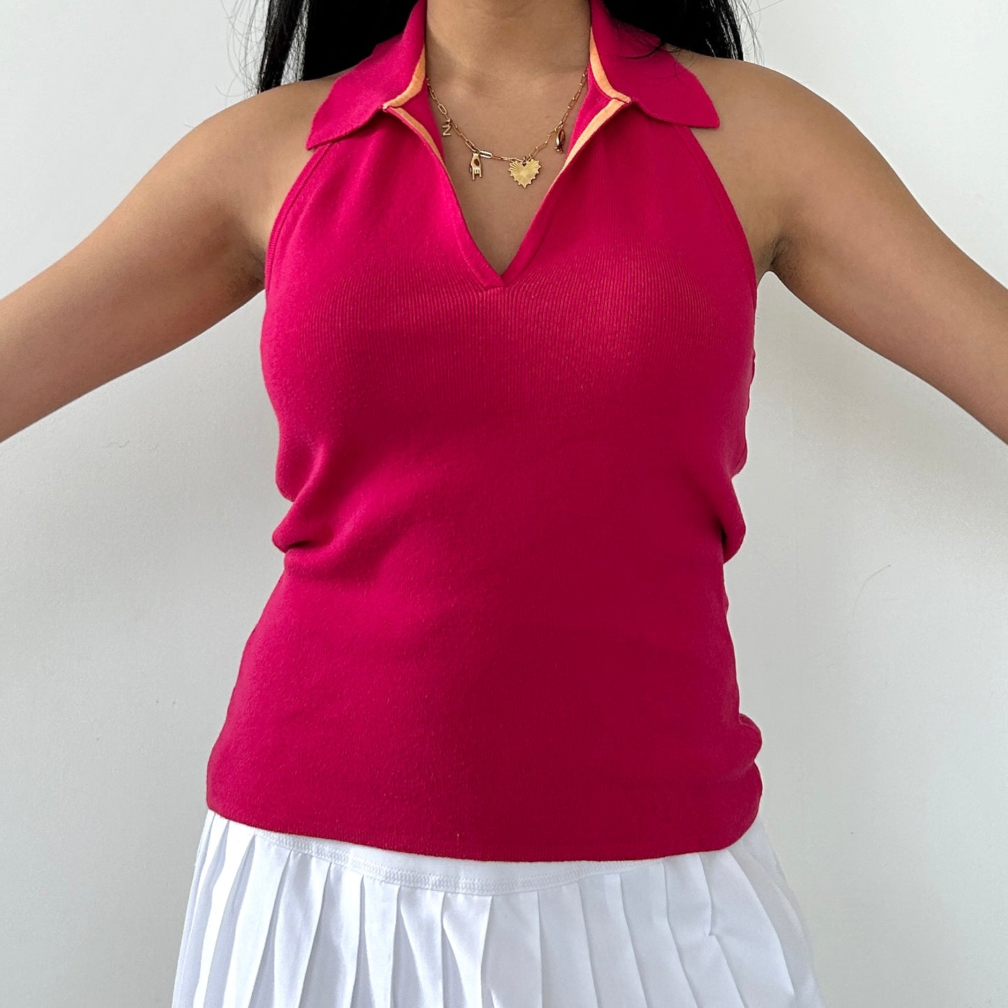 Pink Collared Backless Halter Vest - Small