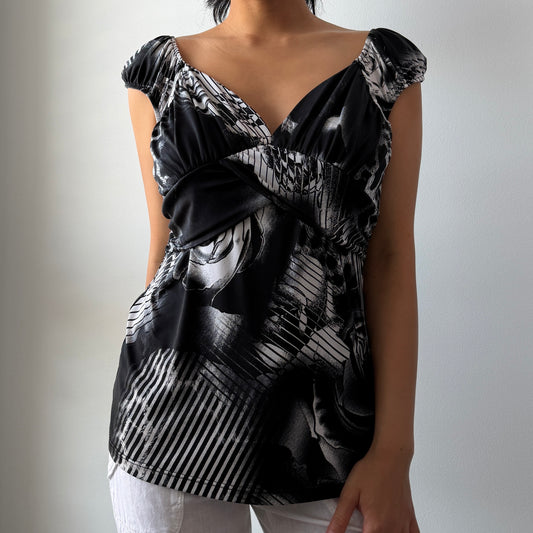 90s Made in Canada Melanie Lyne Black and White Abstract Print Blouse - Medium