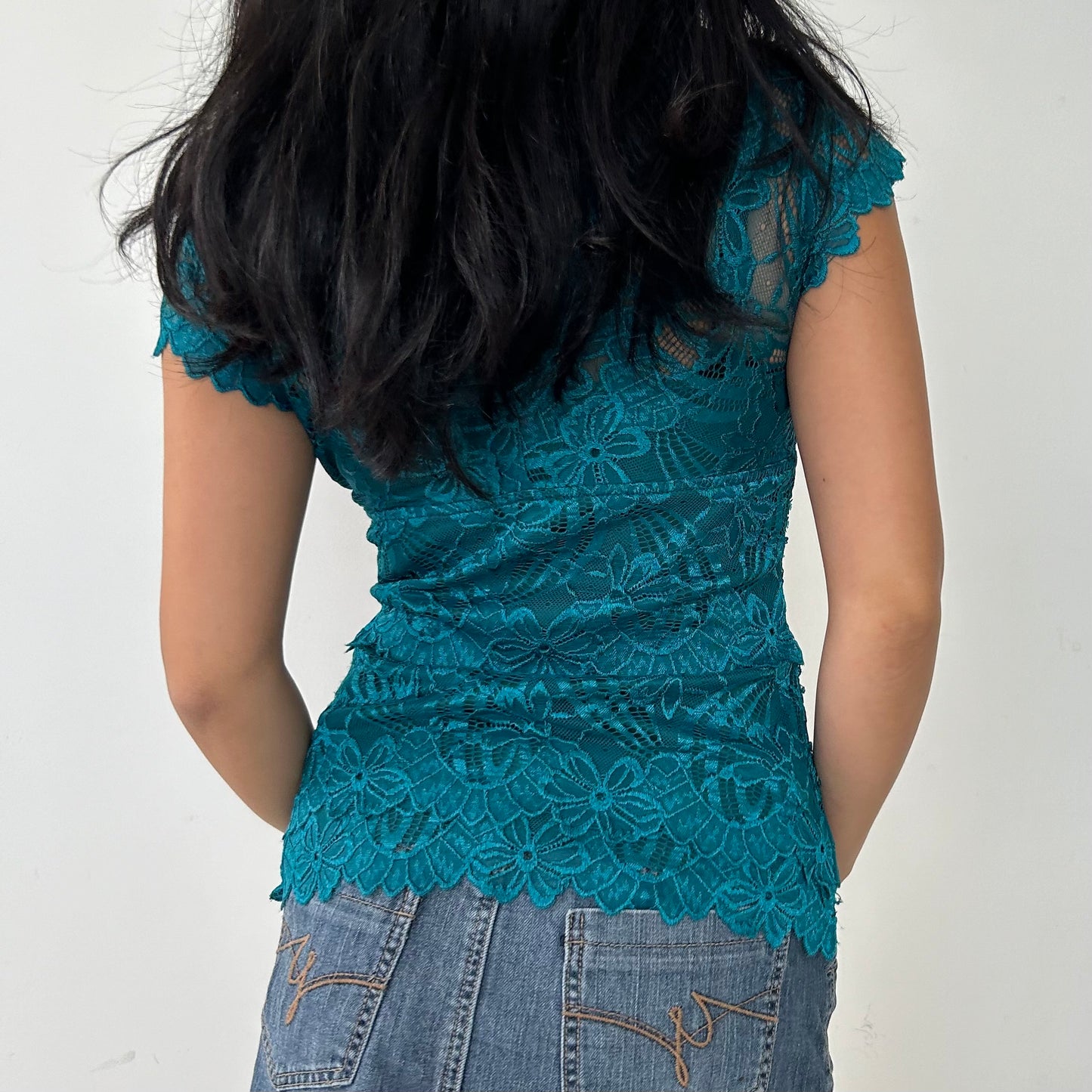 Le Château Teal Short Sleeve Lace Beaded Top - Small