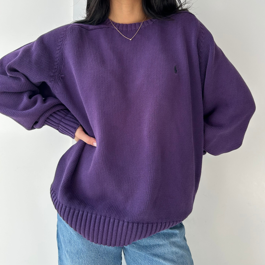 Vintage 1980s Polo Ralph Lauren Purple Crewneck Knit Jumper - Large