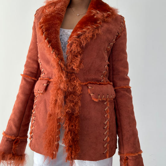 Rust Faux-Shearling Jacket with Mongolian Fur Trim - X-Small/Small