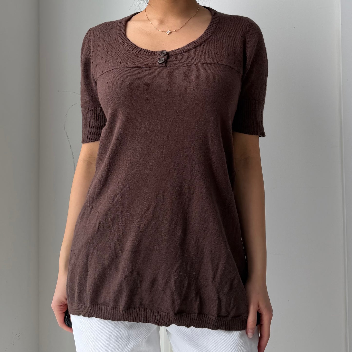 Old Label Garage Brown Angora Blend Short Sleeve Babydoll Top - Large