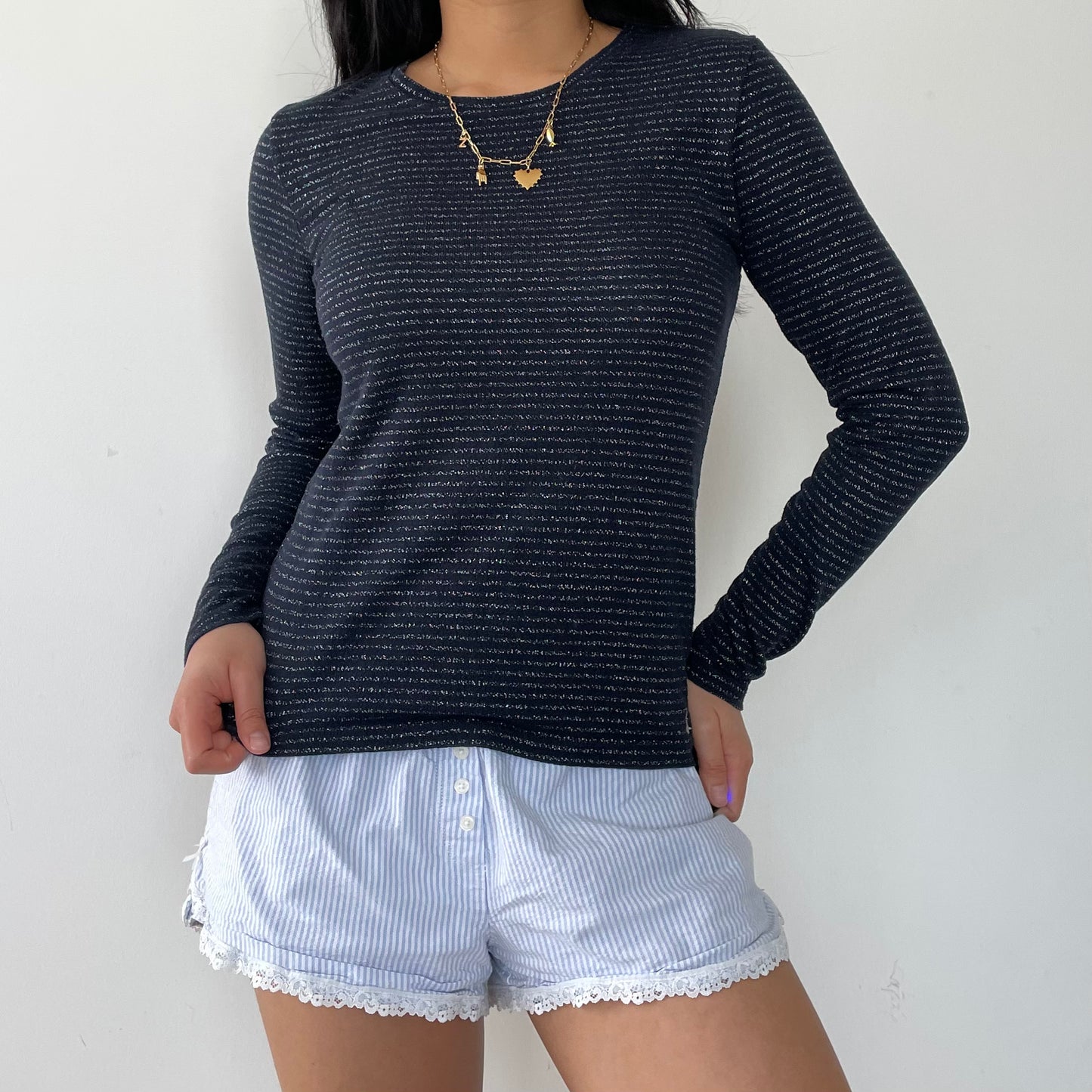 Jack Wills Navy and Silver Metallic Striped Long Sleeve Top - Small