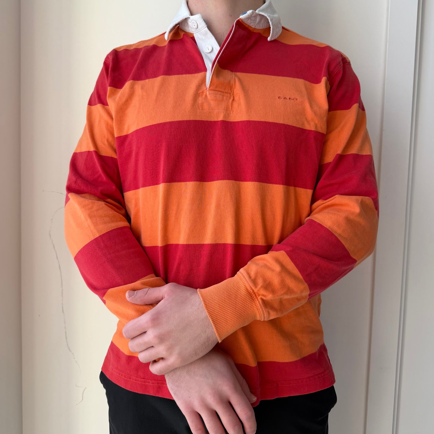 1990s Gant Orange Striped Long Sleeve Rugby Shirt - Large