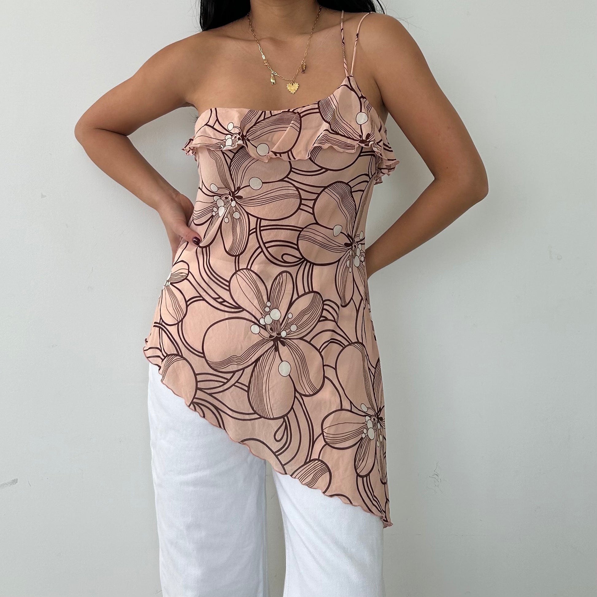 Trina Turk Pink Floral One Shoulder Asymmetrical Silk Top - Medium Zoehify Trina Turk Pink Floral One Shoulder Asymmetrical Silk Top - Medium Zoehify