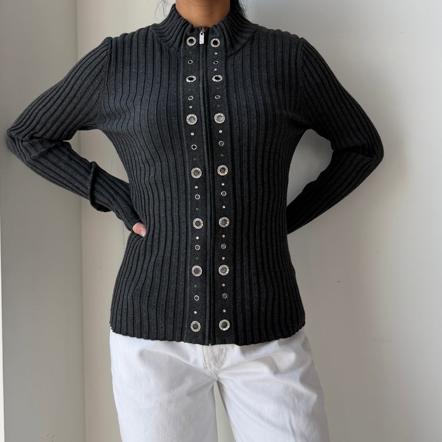 Belldini Charcoal Rib Knit Eyelet Zip Cardigan - Medium