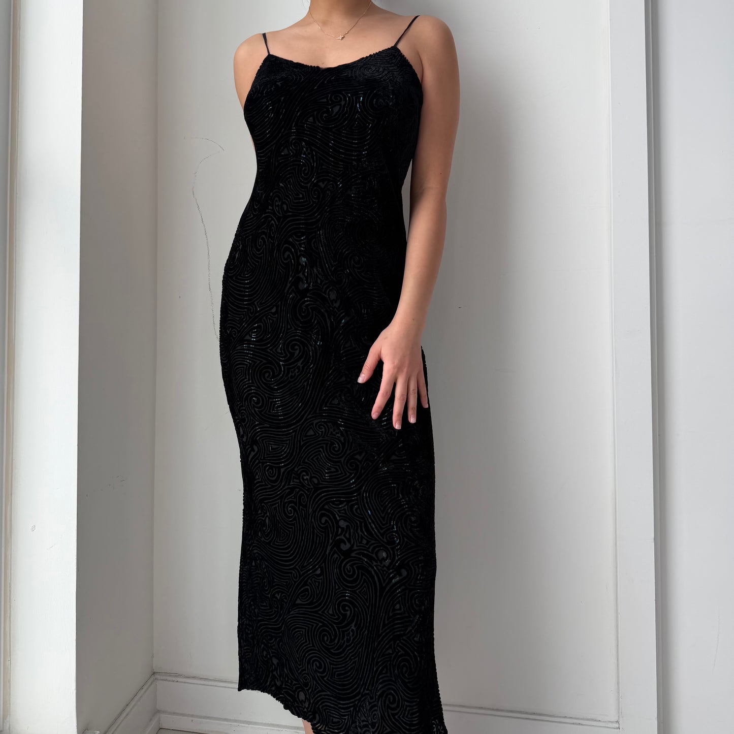 Vintage 90s Whistles Black Silk Burnout Velvet Dress - Small