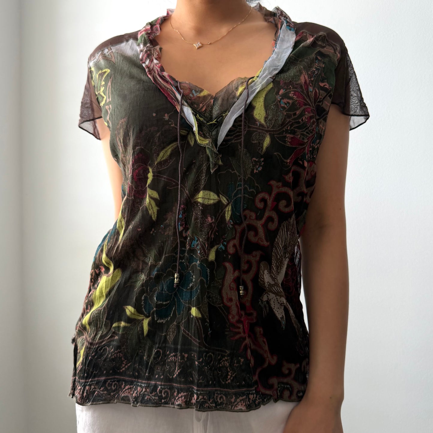 Marc Aurel Brown Floral Print Mesh Top - Medium