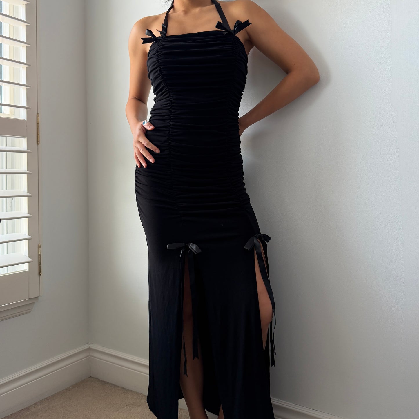 90s Made in Canada Fairweather Black Bow-Detail Halter Maxi Dress - X-Small
