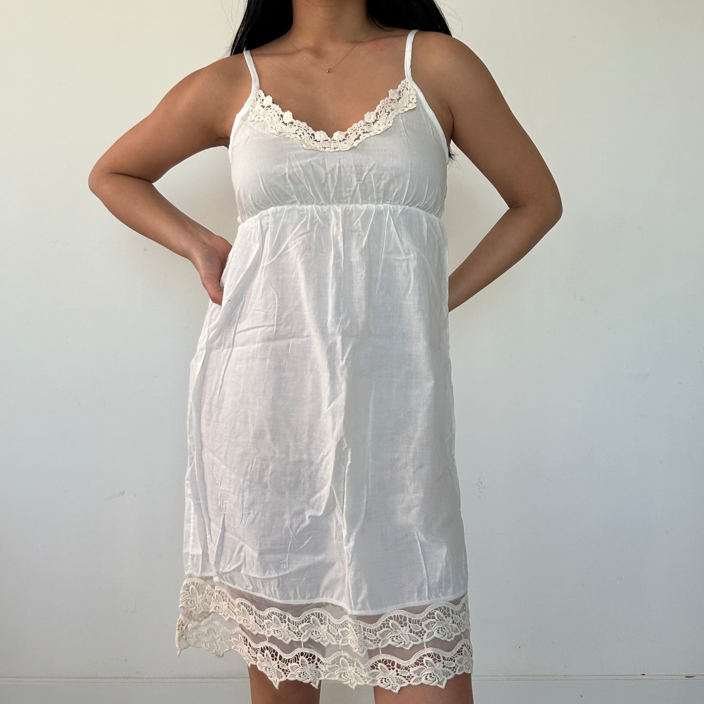 White Poplin Lace Trim Dress - Small