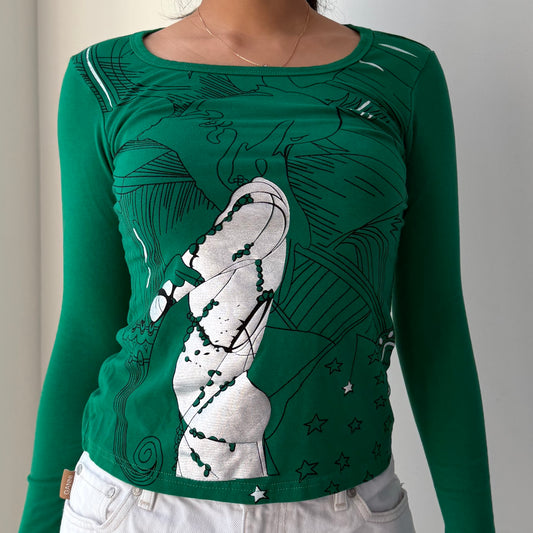 Early 2000s Dolce & Gabbana Green Long Sleeve Graphic Tee - X-Small