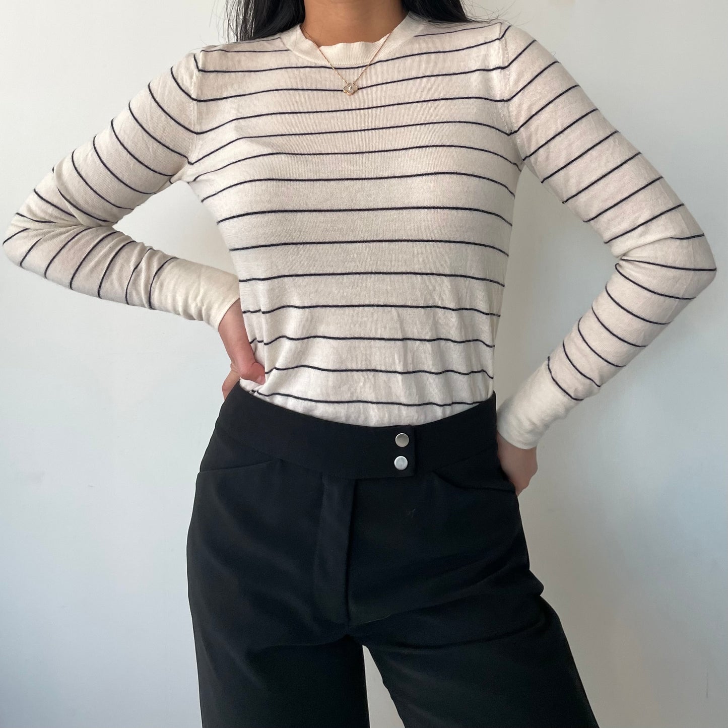 Club Monaco Black and White Striped Crewneck Wool Knit - Small