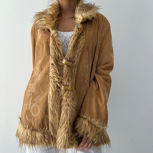 Tan Embroidered Penny Lane Coat with Faux Fur Trim - X-Large