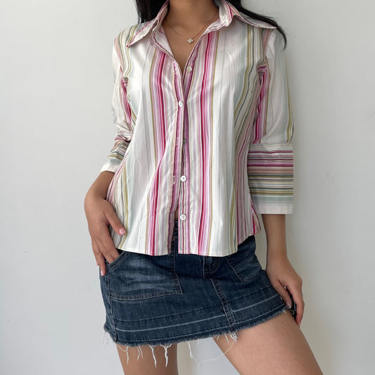 San Francisco Pink, White, and Green Striped Button Up 3/4 Sleeve Shirt - Medium