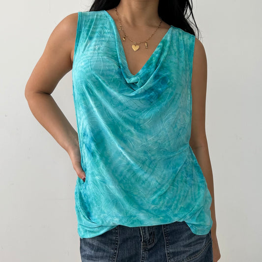 Vintage 90s Made in USA Turquoise Tie Dye Cowl Neck Tank - Large