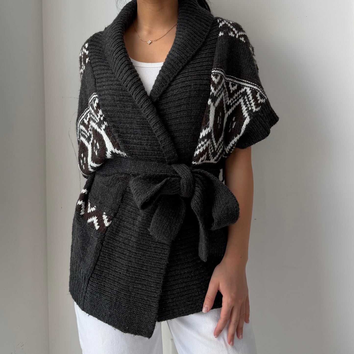 Nevada Grey Short Sleeve Wool Blend Wrap Cardigan - Small