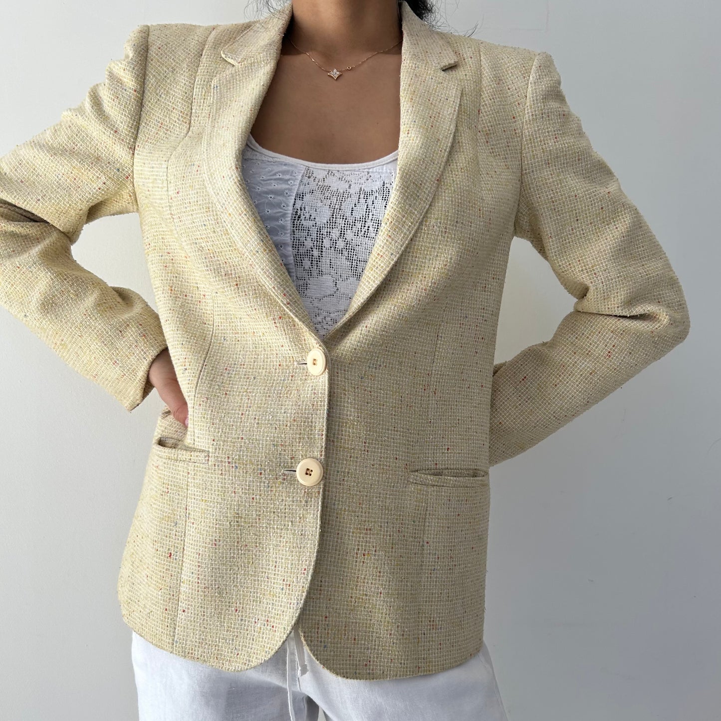 Vintage Butter Yellow Single Breasted Tweed Blazer - Medium