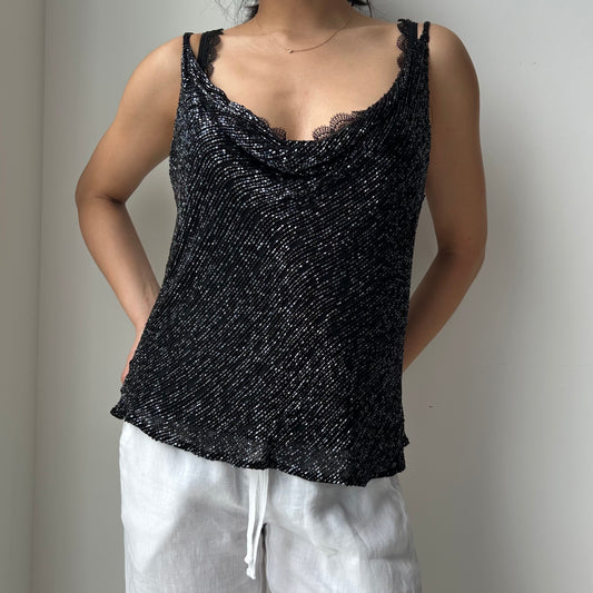 Vintage Black Beaded Cowl Neck Top - Large