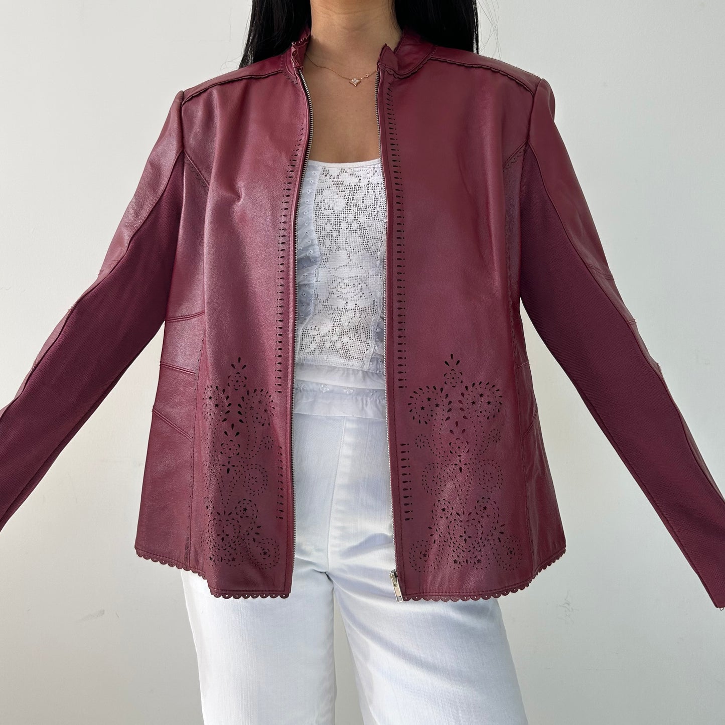 Cherry Red Perforated Leather Jacket - Large