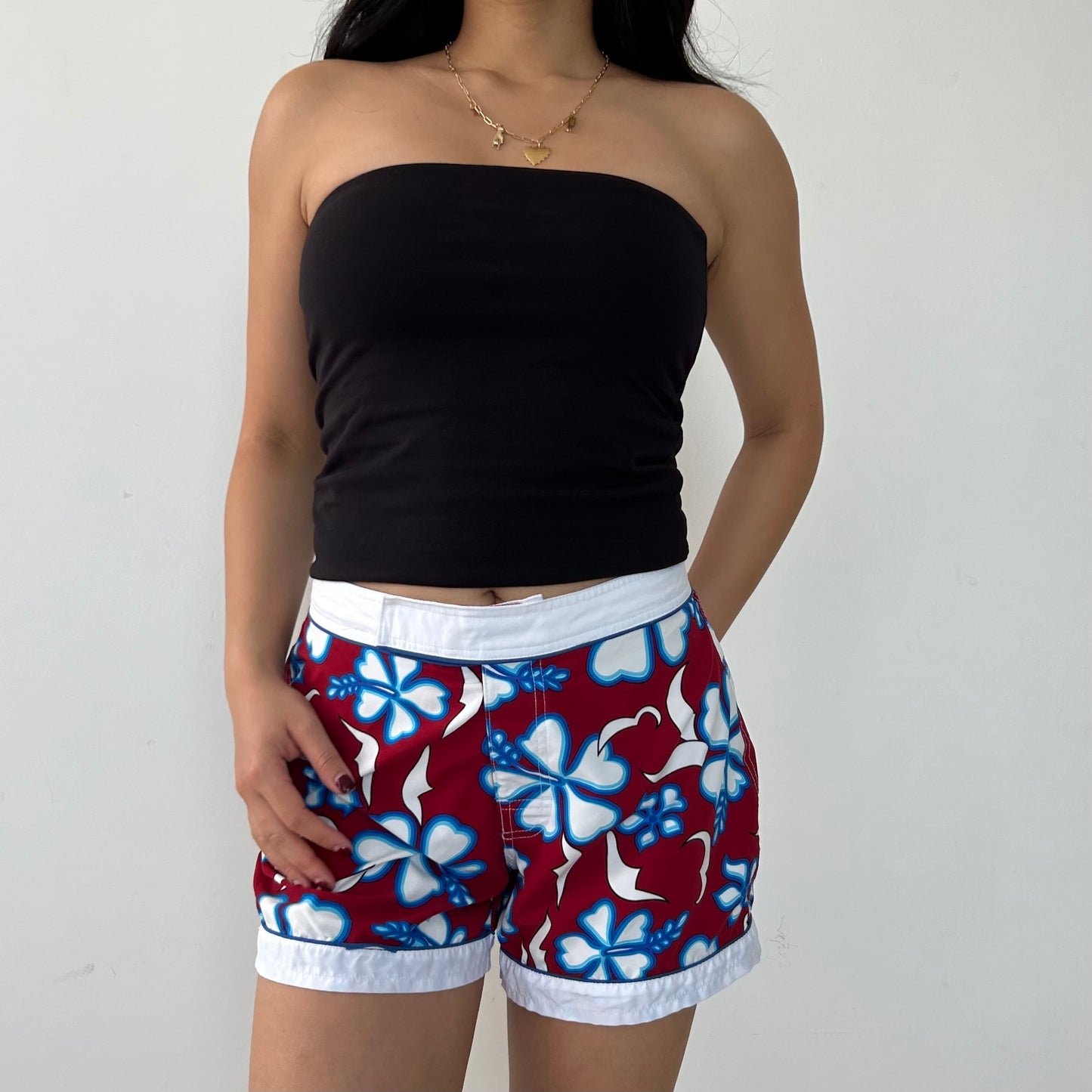 Vintage Garage Burgundy Hibiscus Print Swim Shorts - W26