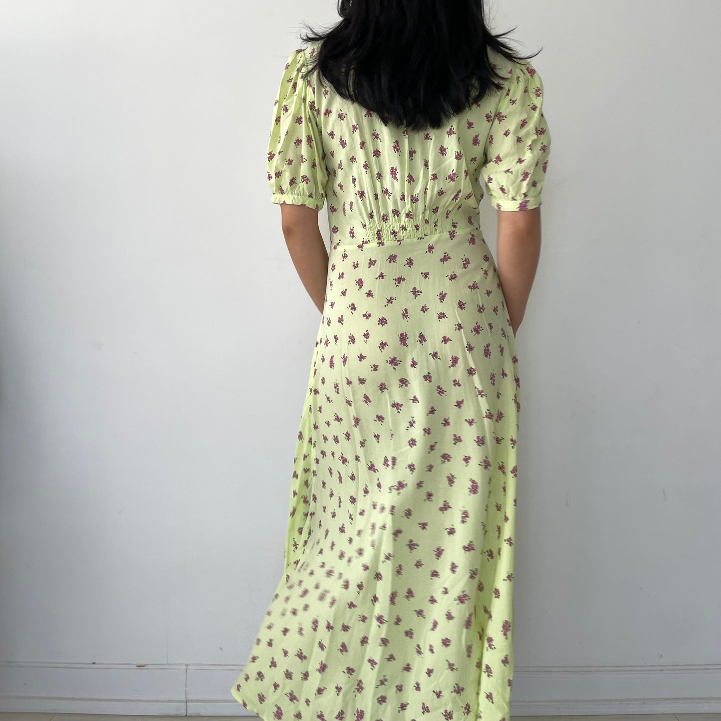 Faithfull The Brand Neon Green Floral Short Sleeve Maxi Dress - Small