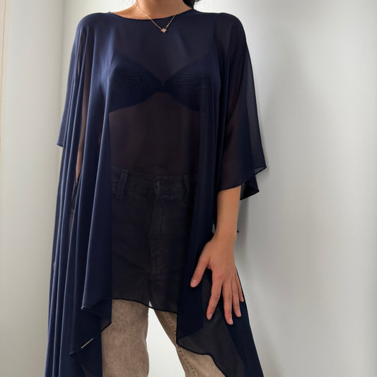 Elie Tahari Navy Sheer Asymmetric Chiffon Poncho
