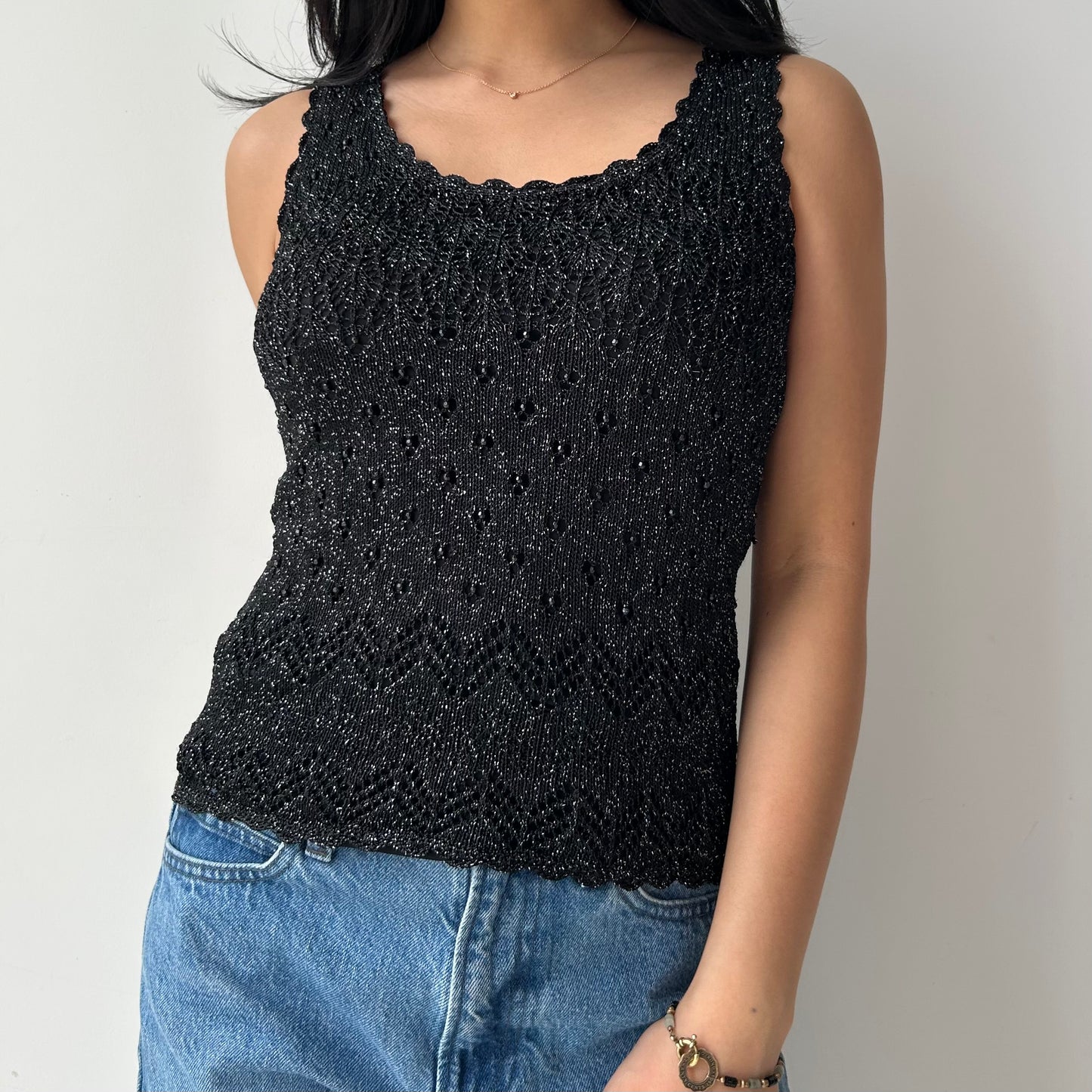 Black Metallic Crochet Tank Top - Medium