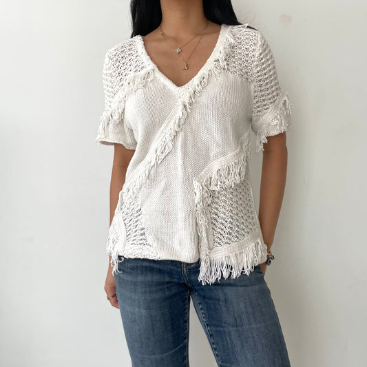 Anthropologie 9-H15 STCL White Cotton and Silk Short Sleeve V Neck Fringe Knit - Small