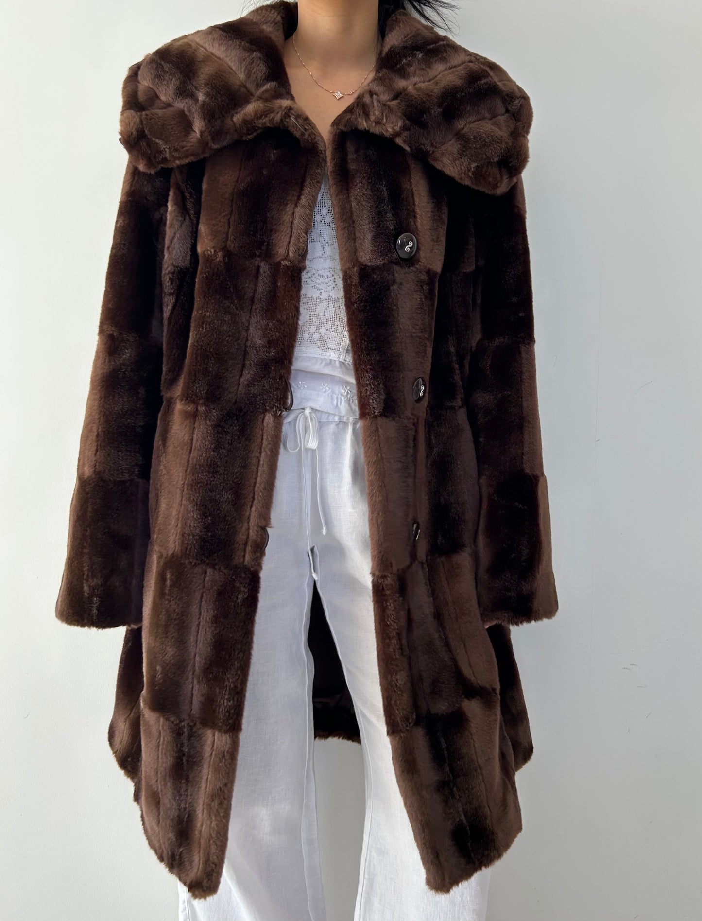 Chocolate Brown Faux Fur Patchwork Coat - Large