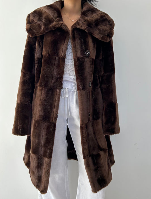 Chocolate Brown Faux Fur Patchwork Coat - Large