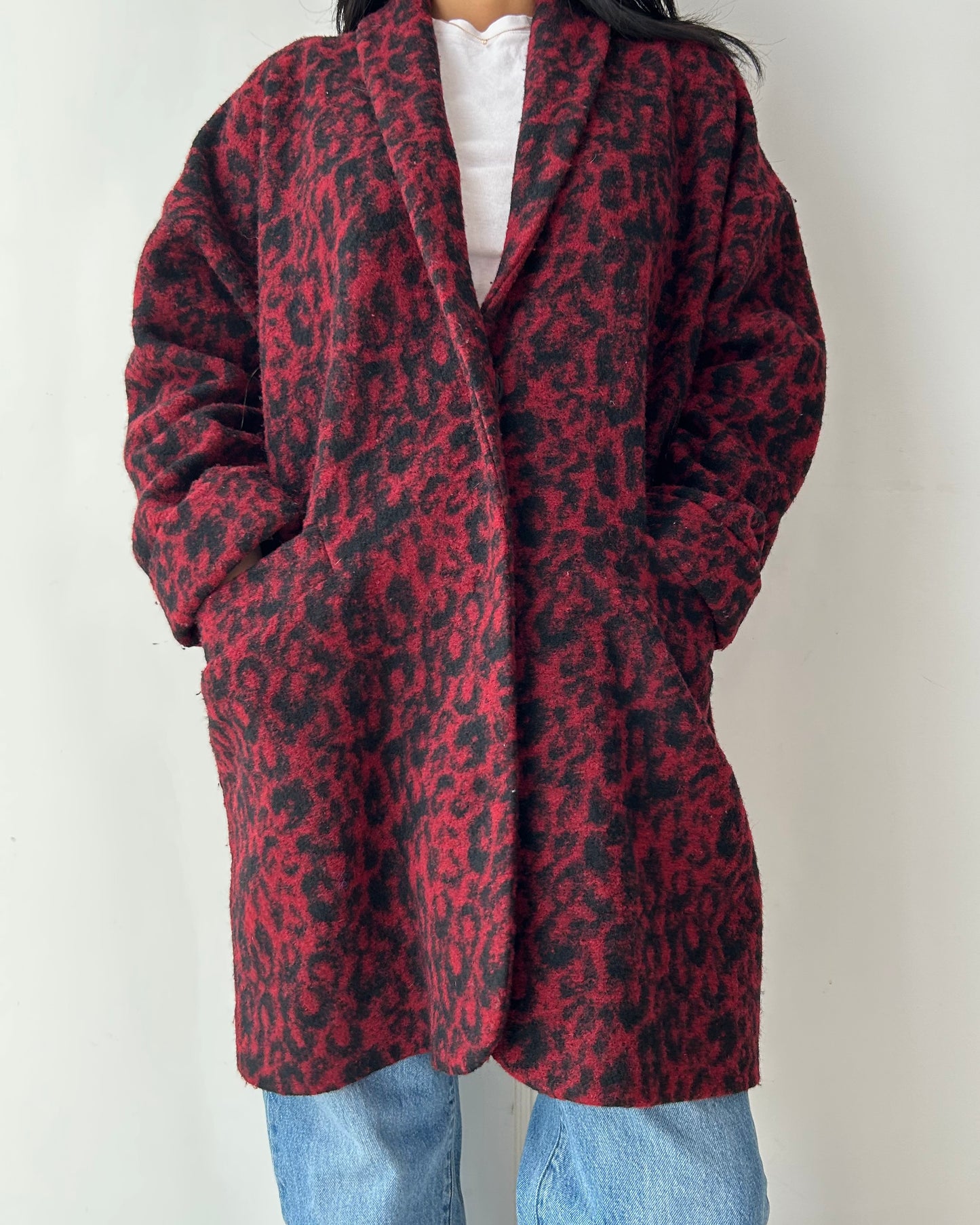 Ganni Red Leopard Print Wool Blend Coat - X-Small