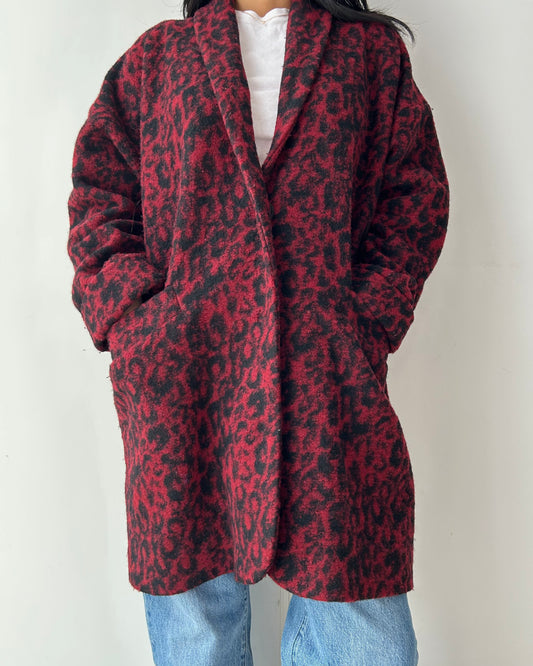 Ganni Red Leopard Print Wool Blend Coat - X-Small