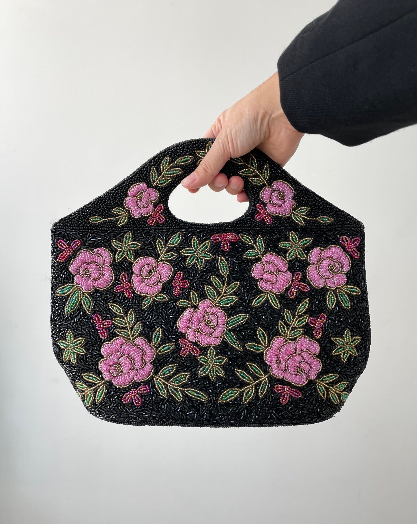 Black Floral Hand Beaded Top Handle Bag