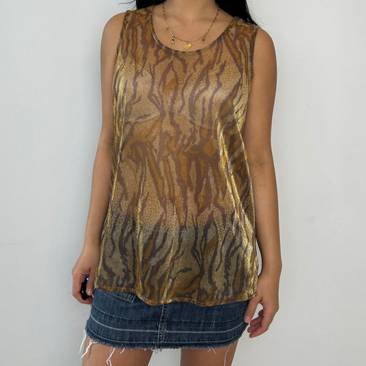 Vintage 1990s Chagall Gold Tiger Print Sheer Mesh Tank - Large